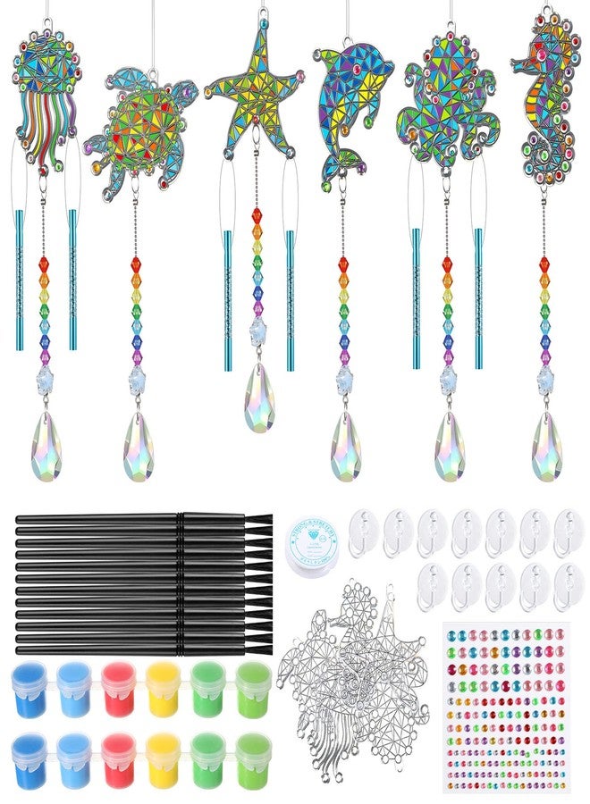 GlikCeil 12 Sets Suncatcher Craft Kits Christmas Wind Chime Decorations Fun Gem Painting Sun Catchers Coloring Suncatcher Art and Crafts for Birthday Home Office DIY Project Gift Favor(Sea) - Image 1